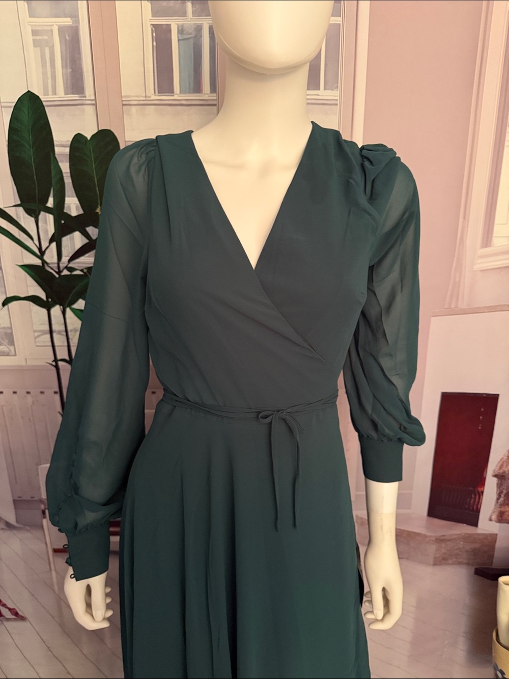 Lulus My Whole Heart Emerald Green Long Sleeve Wrap Dress. Size L - Picture 7 of 10